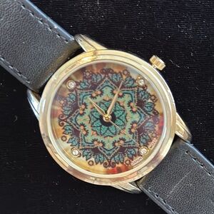 Geneva Platinum Gold Watch Brown Leather Band Tapestry design Face New Battery